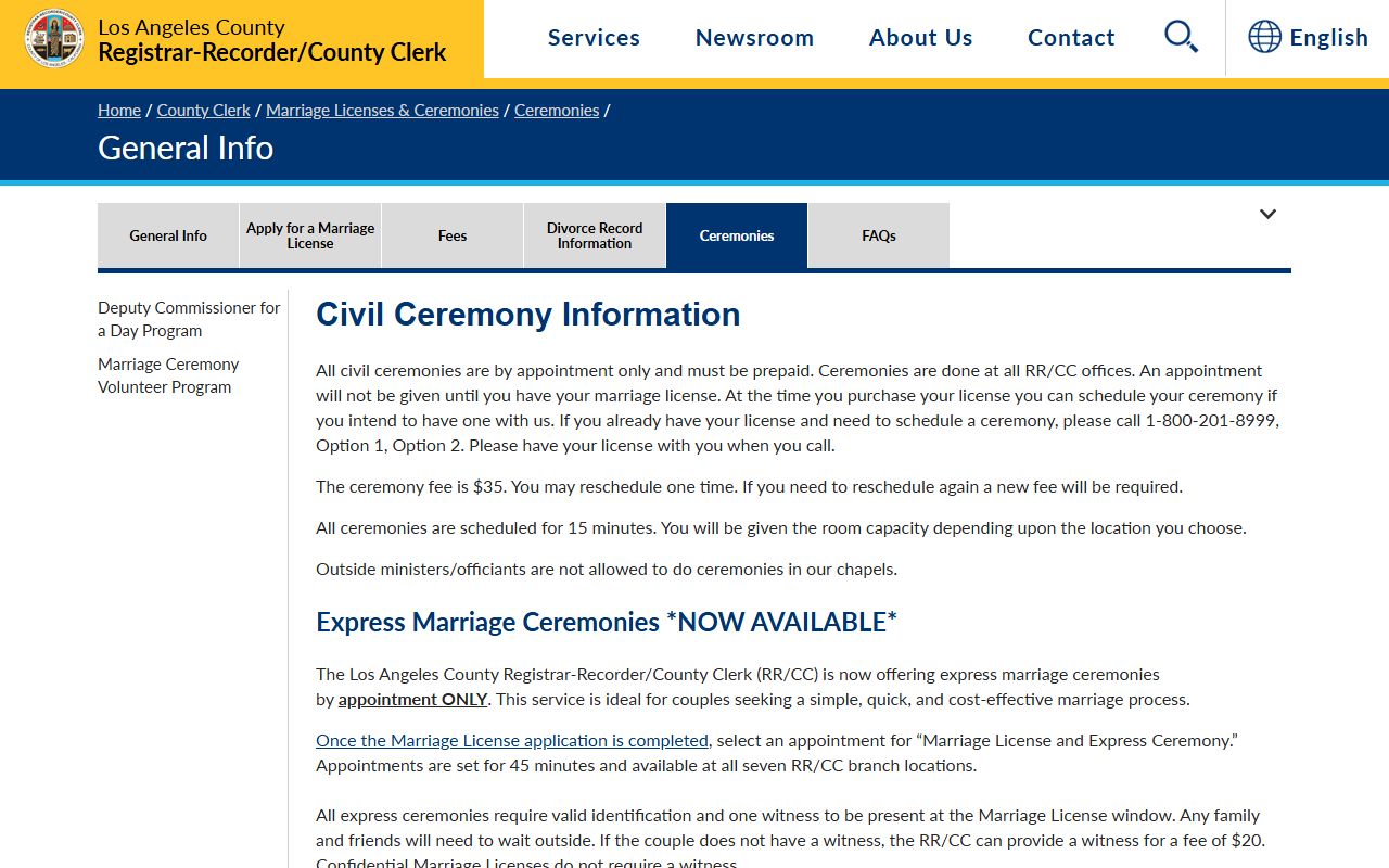 Los Angeles County marriage ceremony information and booking