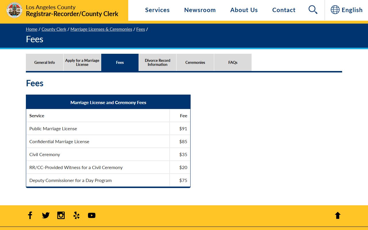 Los Angeles County marriage and vital records fee schedule