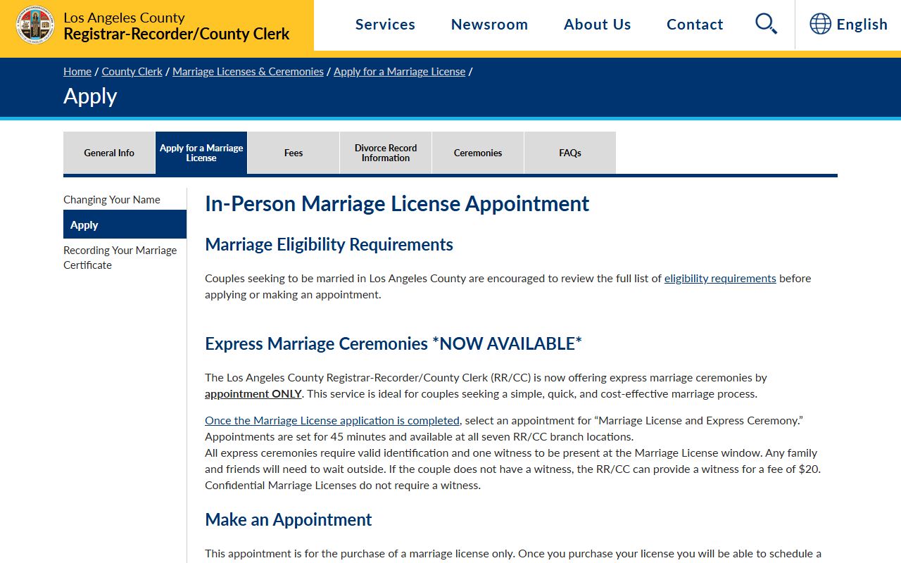 Los Angeles County marriage license online application portal