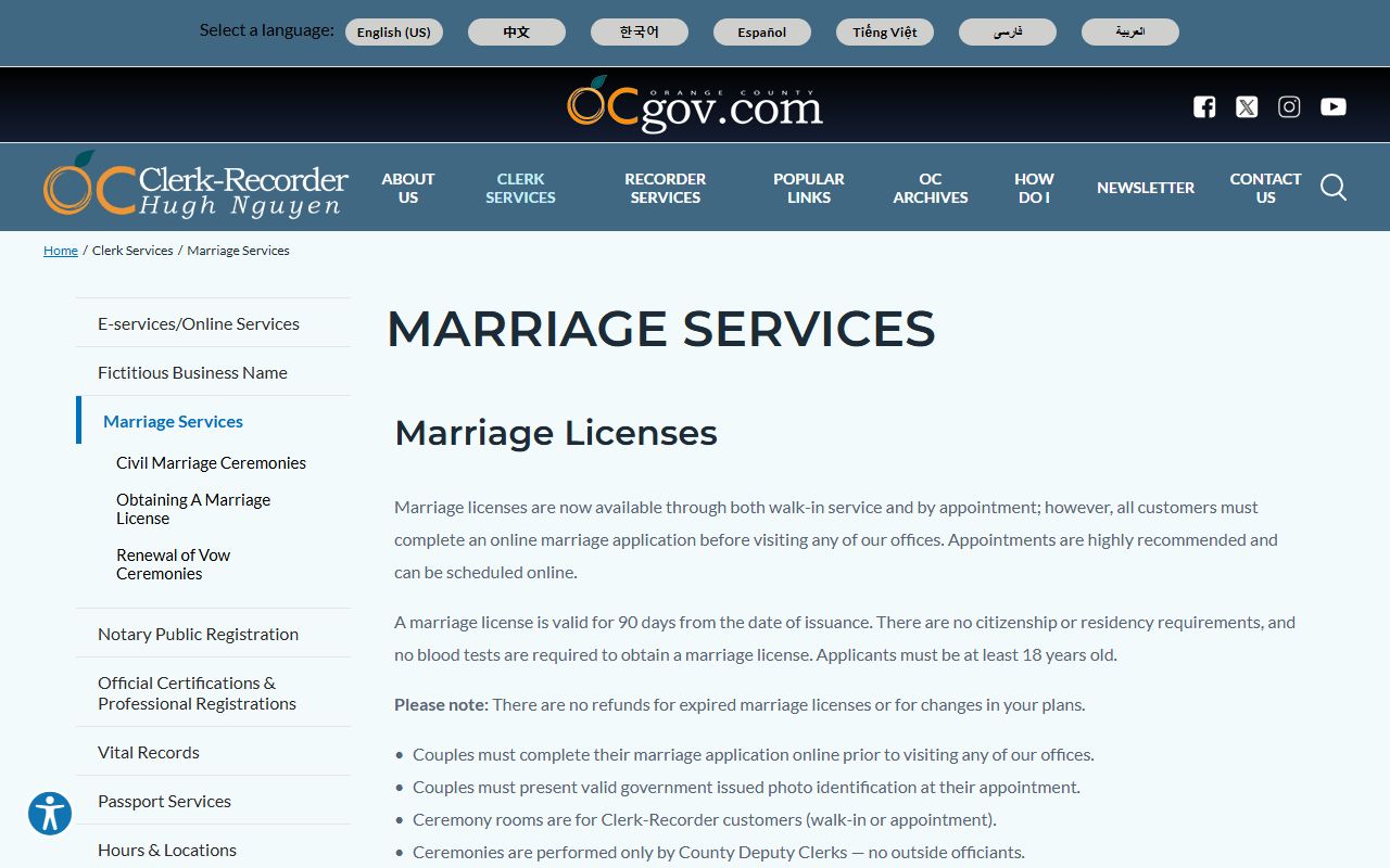 Orange County marriage services page with application details