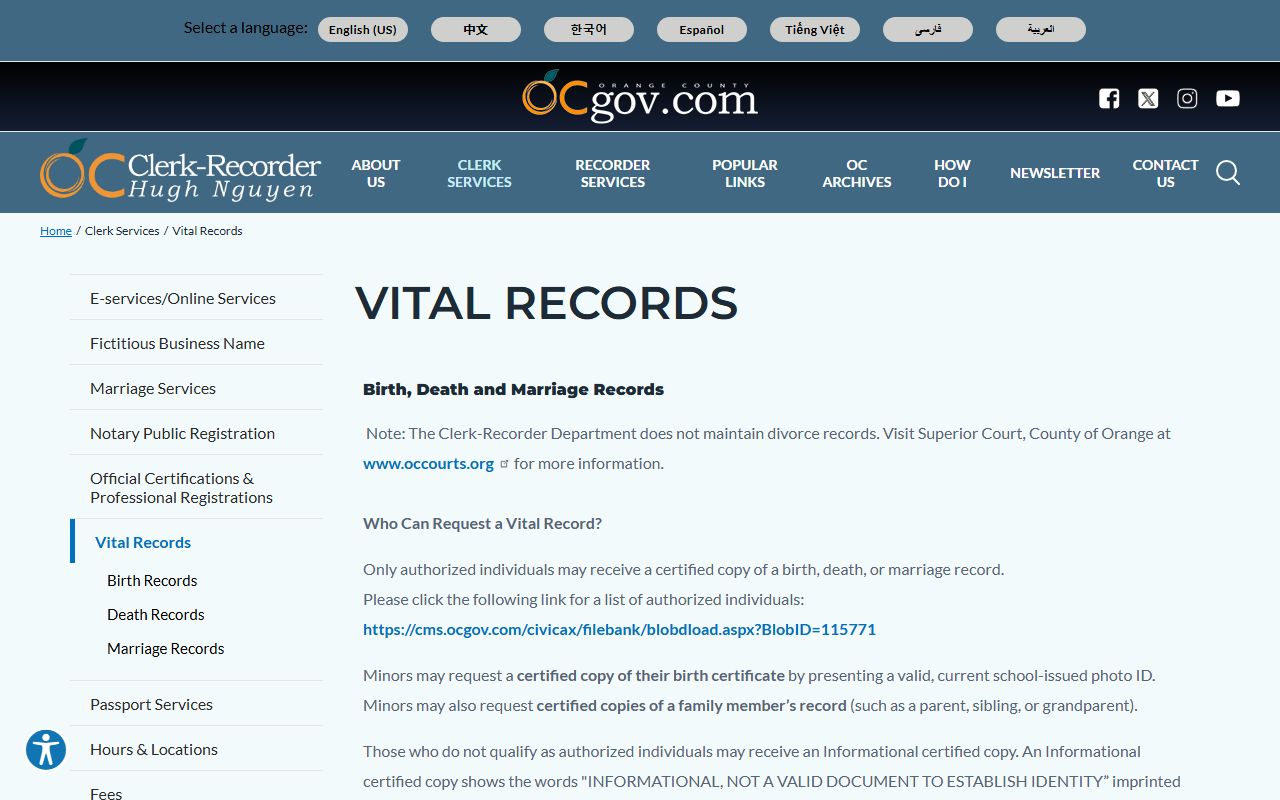 Orange County vital records page showing certificate request options