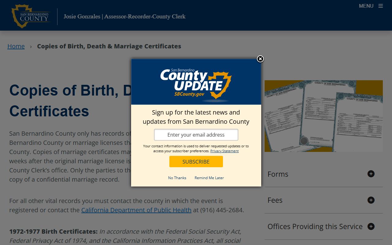 San Bernardino County vital records page