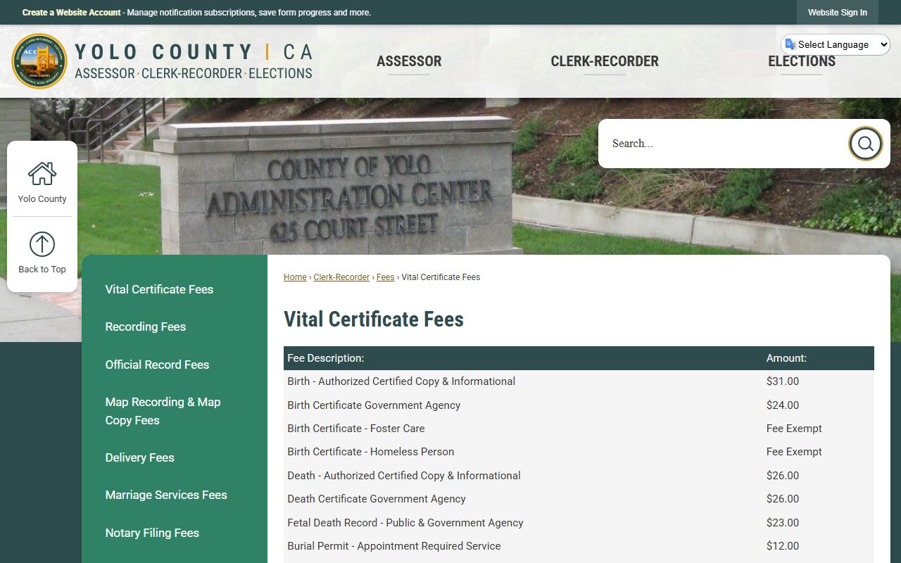 Yolo County vital certificate fees