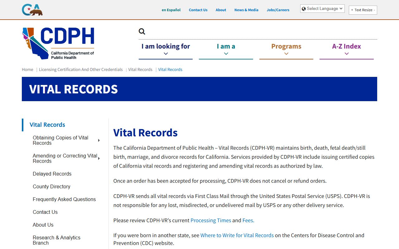 California Department of Public Health Vital Records main page