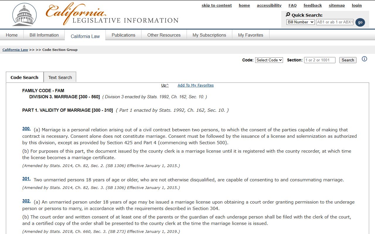 California Family Code Part 1 marriage statutes