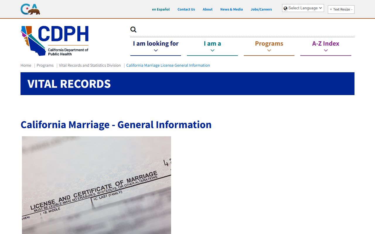 California marriage license general information page