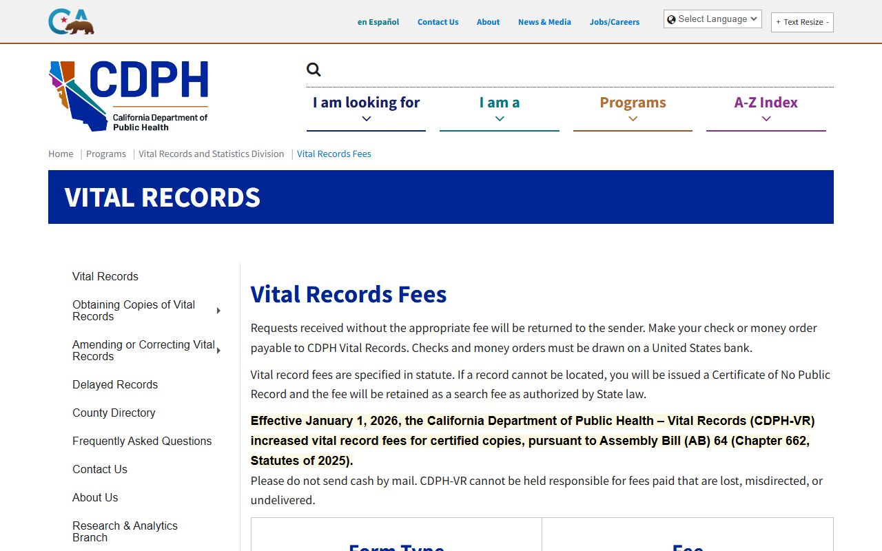 California vital records fee schedule